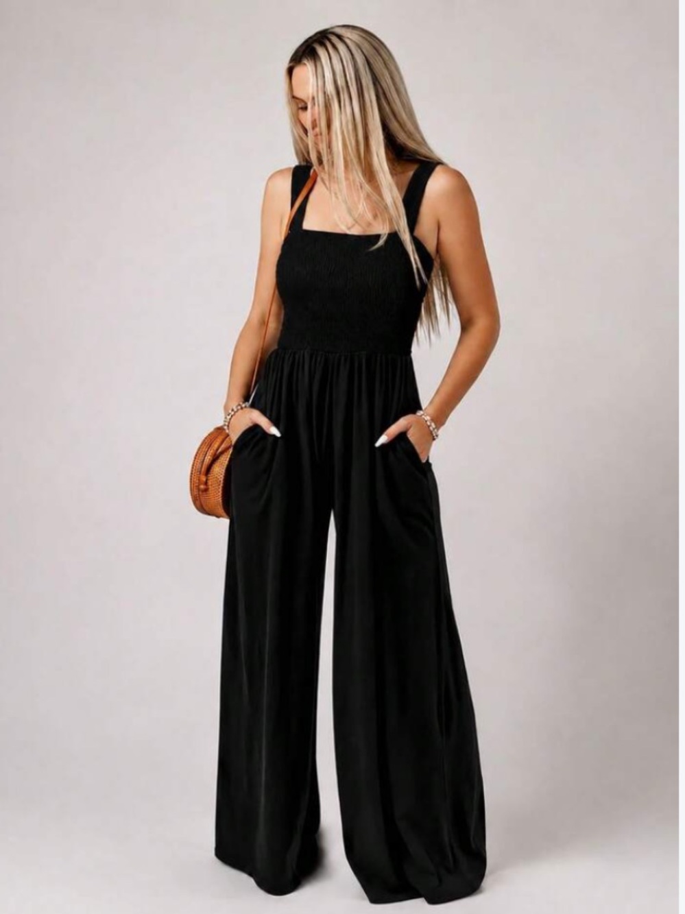 Shein Black Smocked Wide Leg Jumpsuit S